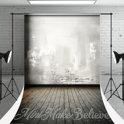 Vintage White Brick Wall Wood Floor Sweep Backdrop - Aperturee