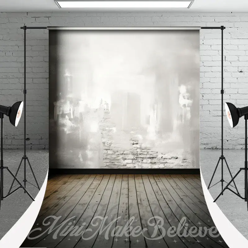 Vintage White Brick Wall Wood Floor Sweep Backdrop - Aperturee