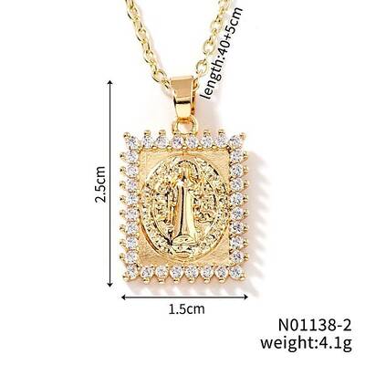 Shiny Brass Micro Pave Clear Cubic Zirconia Rectangle Vintage Statue Pendant Necklaces