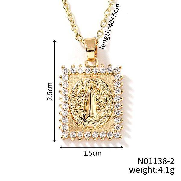 Shiny Brass Micro Pave Clear Cubic Zirconia Rectangle Vintage Statue Pendant Necklaces