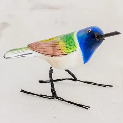 NOVICA Jacobin Hummingbird Guatemalan Handmade Jacobin Hummingbird Clay Bird Figurine