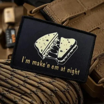 Cheese Sandwich Pattern Tactical Patch, 1 Count Funny I'm Make'n Em At Night Printed Hook & Loop Patches, Military Morale Bad...