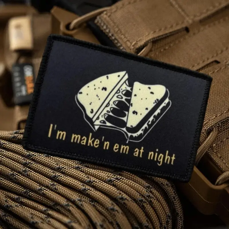 Cheese Sandwich Pattern Tactical Patch, 1 Count Funny I'm Make'n Em At Night Printed Hook & Loop Patches, Military Morale Bad...