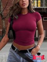 Women's Plain Round Neck Crop Tee, Minimalist Casual Crew Neck Short Sleeve T-shirt, Going Out Tops, Lady's Top for Summer Da...