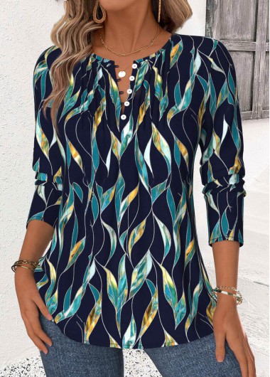 Modlily Navy Leaf Print Long Sleeve Split Neck Blouse - XL