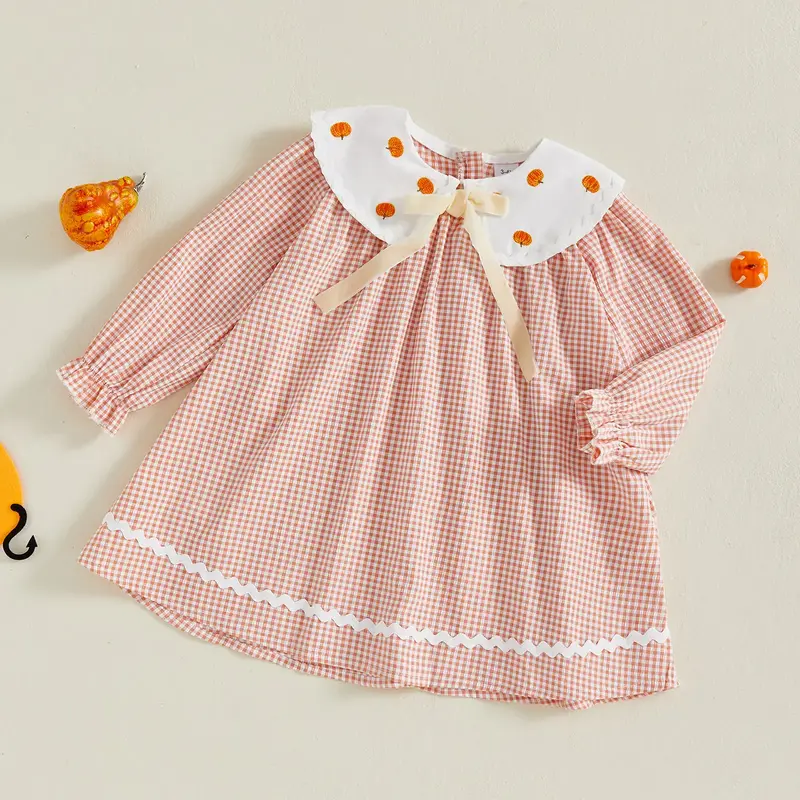 Toddler Baby Little Girls Halloween A-line Dress Long Sleeve Doll Collar Pumpkin Embroidery Plaid Dress 1-5 Years