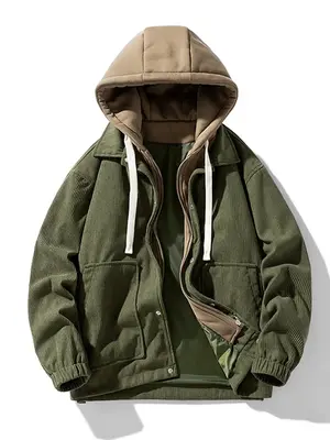 Men's Colorblock Design Drawstring Corduroy Hooded Winter Jacket, Fashion Cozy Streetwear Pocket Zipper Long Sleeves Outerwea...