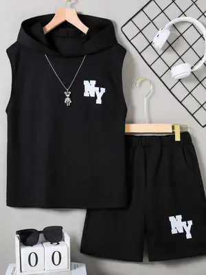 Two-Piece Set Boy's Letter Print Sleeveless Hooded Top & Elastic Waist Shorts Set without Necklace, Casual Hooded Top & Pocke...