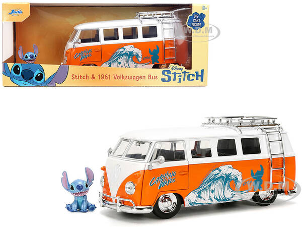 1961 Volkswagen Bus Catching Waves White and Orange with Stich Diecast Figure Disney's Stitch Hollywood Rides Series 1/...