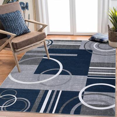 Garvee Modern Navy Blue 3x5 Washable Geometric Rug Non-Shedding, Stain Resistant - 100% Polyester - Non-Slip, Machine Washabl...