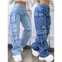 2025 New Fashionable Solid Color All-Matching plus Size High Waist Multi-Pocket Leisure Cargo Denim Trousers for Women Pants ...