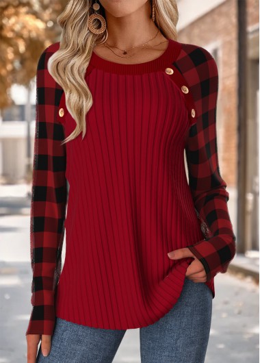 Modlily Wine Red Tummy Coverage Plaid Long Sleeve T Shirt - XL