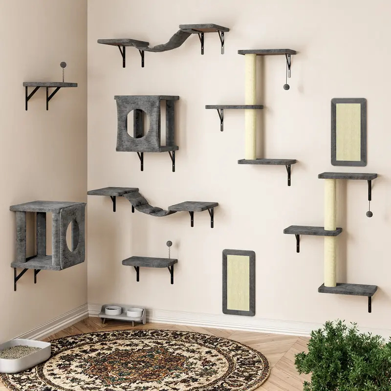 10 Piece Cat Wall Furniture Set,Cat Wall Shelves,  Indoor Cat Climbing Shelf with Cat Hammock, Cat Scratching Post, Cat Jumpi...