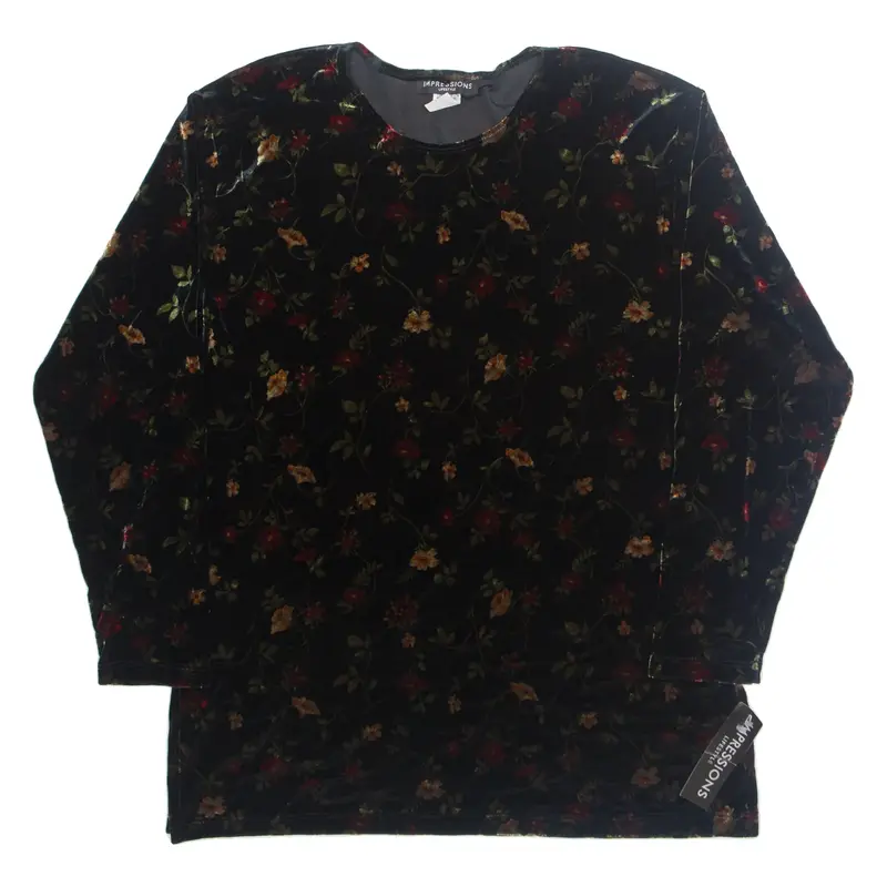 IMPRESSIONS Womens Printed Top Black Long Sleeve 90s Floral M