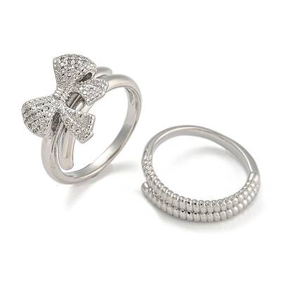 2Pcs 2 Styles Brass Micro Pave Cubic Zirconia Adjustable Rings