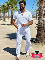 Men's Solid Color Button Front Shirt & Pants Two-piece Set, Regular Fit Casual Shortsleeve Collared Top & Trousers for Tropic...