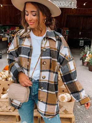 Women's Plaid Print Button Front Drop Shoulder Coat, Casual Long Sleeve Collared Button Up Outerwear For Fall & Winter, Women...