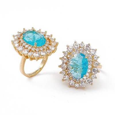 Deep Sky Blue Glass Oval Adjustable Ring with Cubic Zirconia