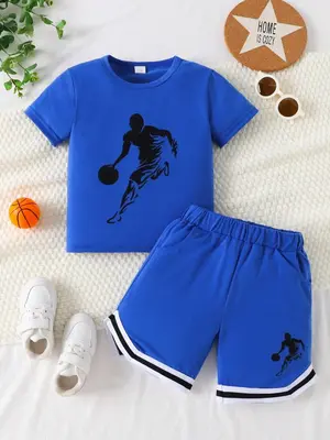 Two-piece Set Boy's Figure Print Short Sleeve Tee & Elastic Waist Shorts, Athletic Casual Round Neck T-shirt & Track Shorts, ...