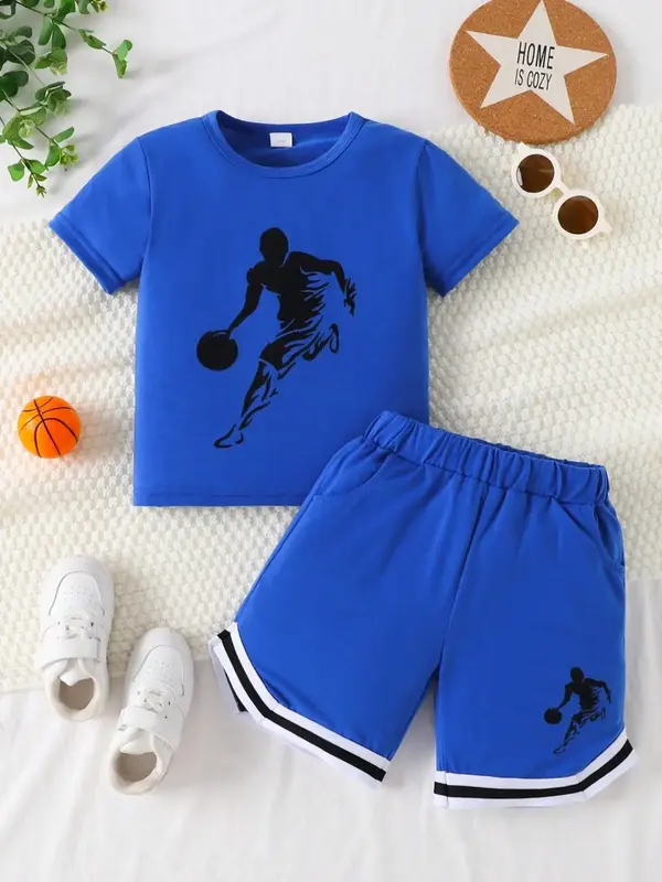 Two-piece Set Boy's Figure Print Short Sleeve Tee & Elastic Waist Shorts, Athletic Casual Round Neck T-shirt & Track Shorts, ...