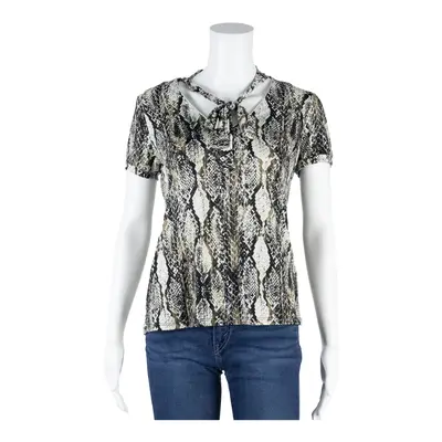 MORGAN DE TOI Neck Tie Top Black V-Neck Animal Print Short Sleeve Womens M