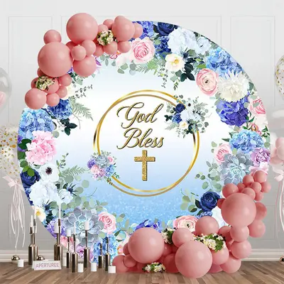 God Bless Colorful Floral Round Baptism Backdrop