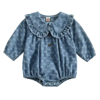 Baby Girl Denim Sweatshirt Bubble Romper Long Sleeve Doll Collar Button Bodysuit Jumpsuit Newborn Coming Home Outfit
