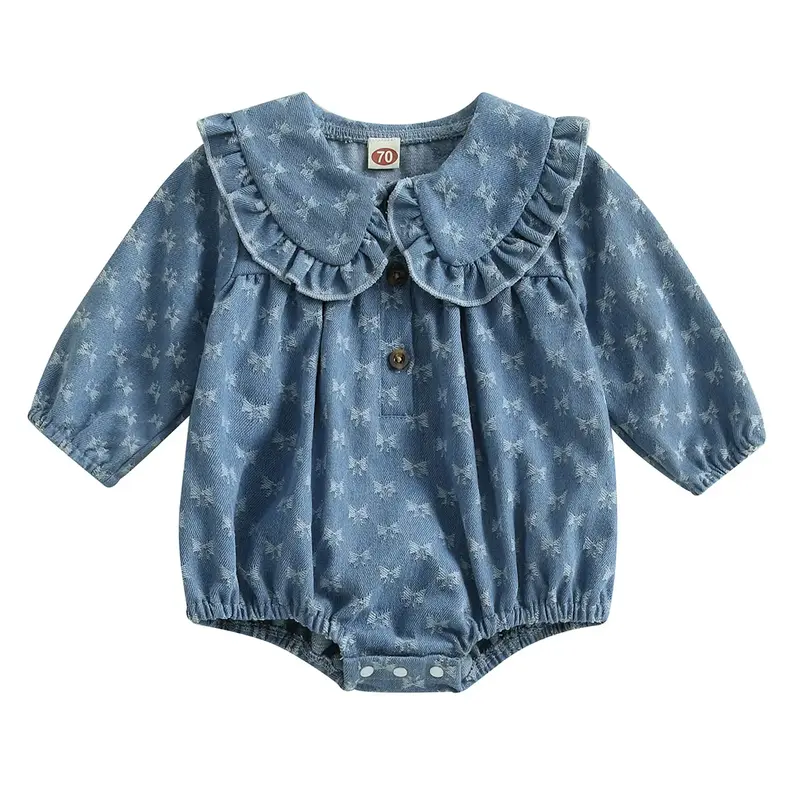 Baby Girl Denim Sweatshirt Bubble Romper Long Sleeve Doll Collar Button  Bodysuit Jumpsuit Newborn Coming Home Outfit