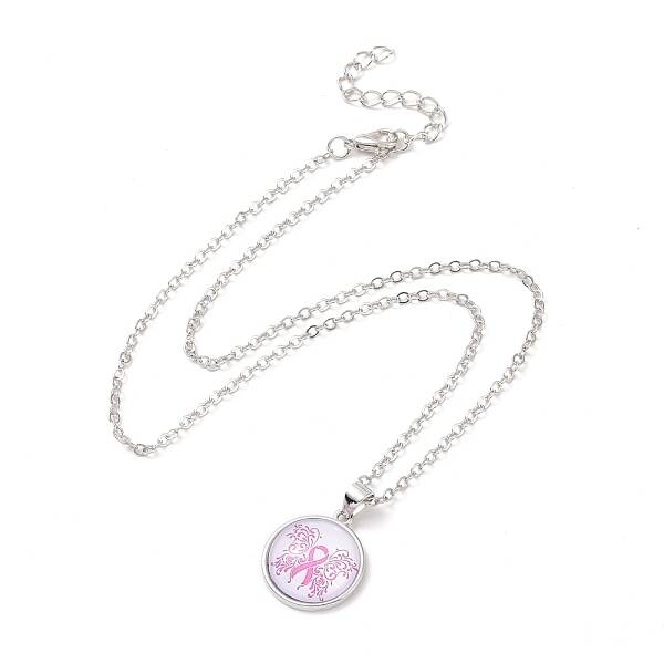 Glass Flat Round Pendant Necklace with Brass Chain