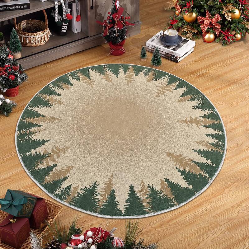 Garvee 4ft Small Round Rug Christmas Decor Circle Rug Washable Indoor Throw Floor Covers Xmas Decorative Round Area Rug Snowf...