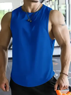 Men's Solid Round Neck Sports Tank Top, Breathable Comfortable Sports Vest, Loose Fit Sleeveless Top for Gym Workout Running