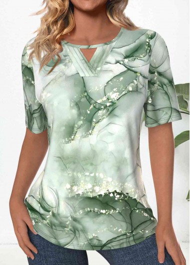 Modlily Light Green Tuck Stitch Marble Print T Shirt - L