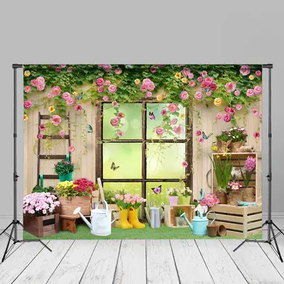 Floral Garden Wooden Wall Window Bokeh Photo Backdrop - Aperturee