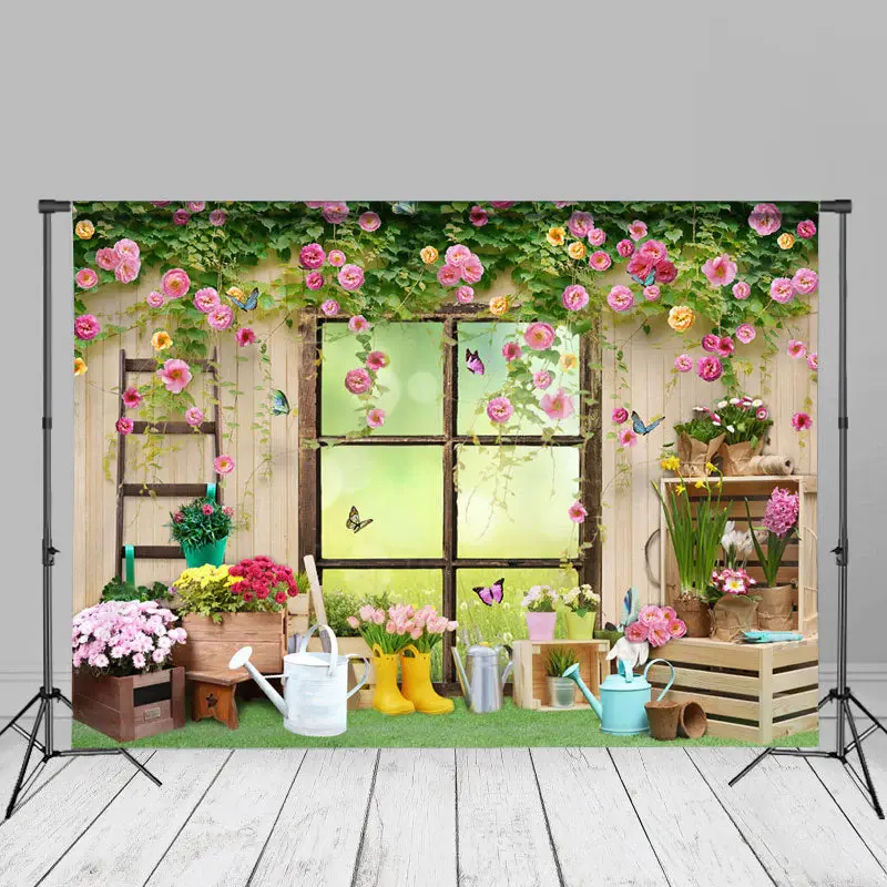 Floral Garden Wooden Wall Window Bokeh Photo Backdrop - Aperturee