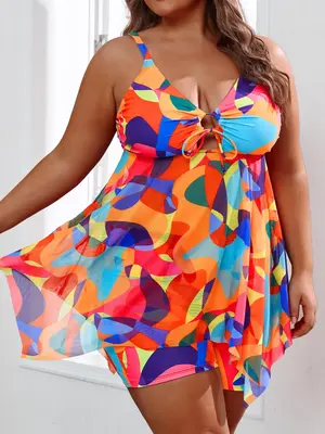 Plus Size All Over Colorblock Geometric Print Cut Out Peplum Ring Linked Tie Front Swim Top & Elastic Waist Swim Shorts Tanki...