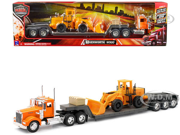 Kenworth W900 Truck with Lowboy Trailer Orange and Wheel Loader Yellow \