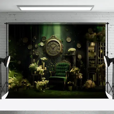 Dark Green Retro Ornaments Clock Floral Backdrop - Aperturee