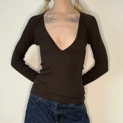 Sisley Long Sleeve Top - Small Brown Viscose Blend