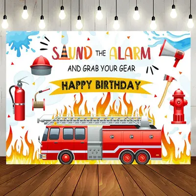 Sound The Alarm Red Fire Truck Birthday Backdrop - Aperturee
