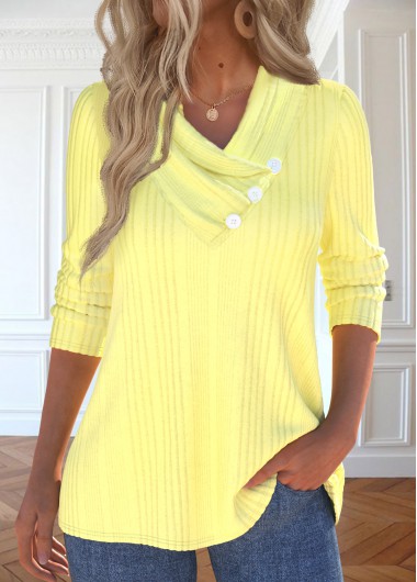 Modlily Light Yellow Button Long Sleeve V Neck T Shirt - L