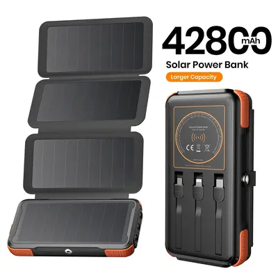 Solar Charger Wireless Portable Charger, 20W Fast Charging Power Bank with Built-in 3 Cables, Phone Battery Pack with 4 Solar...