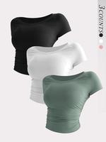 Women's Solid Side Pleated Sports Tee, Sporty Round Neck Short Sleeve T-Shirt for Gym Workout, Ladies Sportswear for All Seas...
