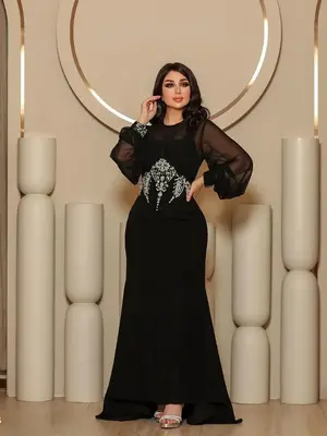 Women's Artificial Gemstone Decor Long Sleeve Evening Dress, Elegant Round Neck Maxi Dress for Party Banquet Wedding Guest, L...