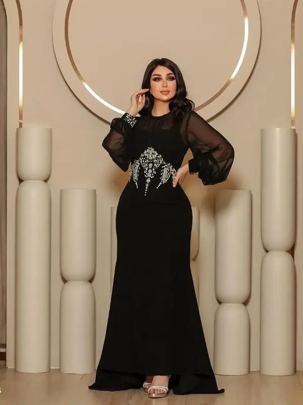Women's Artificial Gemstone Decor Long Sleeve Evening Dress, Elegant Round Neck Maxi Dress for Party Banquet Wedding Guest, L...