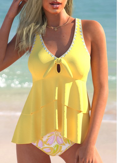 Modlily Layered Floral Print Light Yellow Tankini Set - XXL