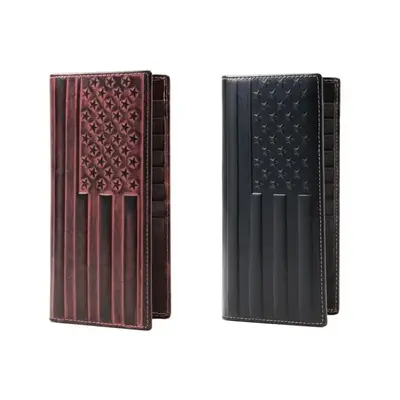 RFID Blocking Genuine Leather Brown Flag Embossed Long Wallet with 13 Card Slots & ID Windows Vintage Western Cowboy Leather ...