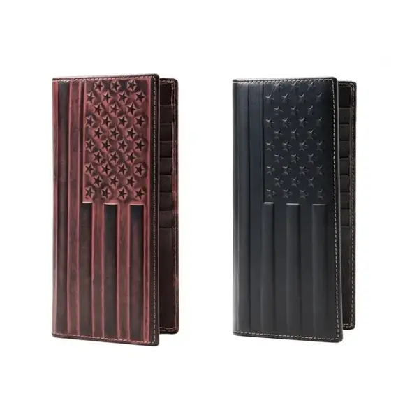 RFID Blocking Genuine Leather Brown Flag Embossed Long Wallet with 13 Card Slots & ID Windows Vintage Western Cowboy Leather ...