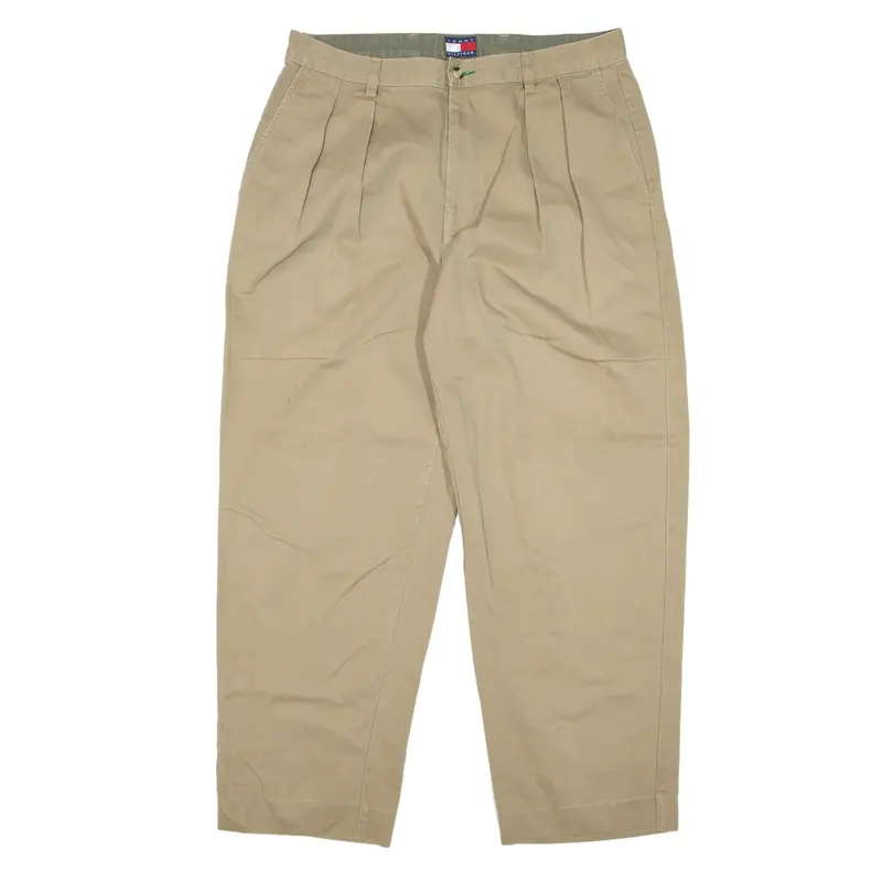 TOMMY HILFIGER Pleated Chino Trousers Beige Relaxed Straight Mens W34 L30