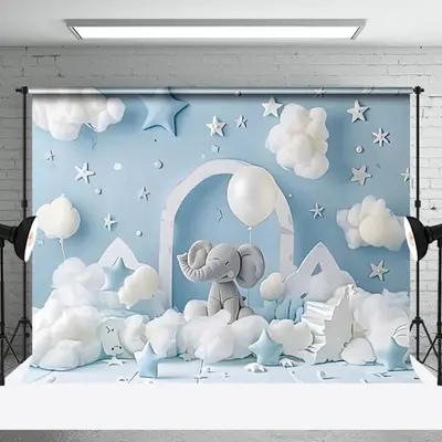 Aperturee Blue Sky Cloud Stars Elephant Cake Smash Backdrop, 3X2FT(1MX0.6M), 14 USD, birthday cake smash backdrops, NYHD1I57-...