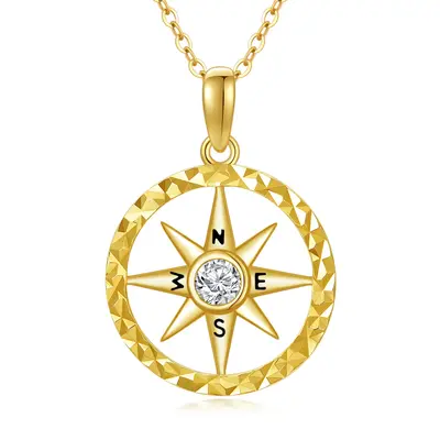 14K Gold Round Zircon Compass Pendant Necklace